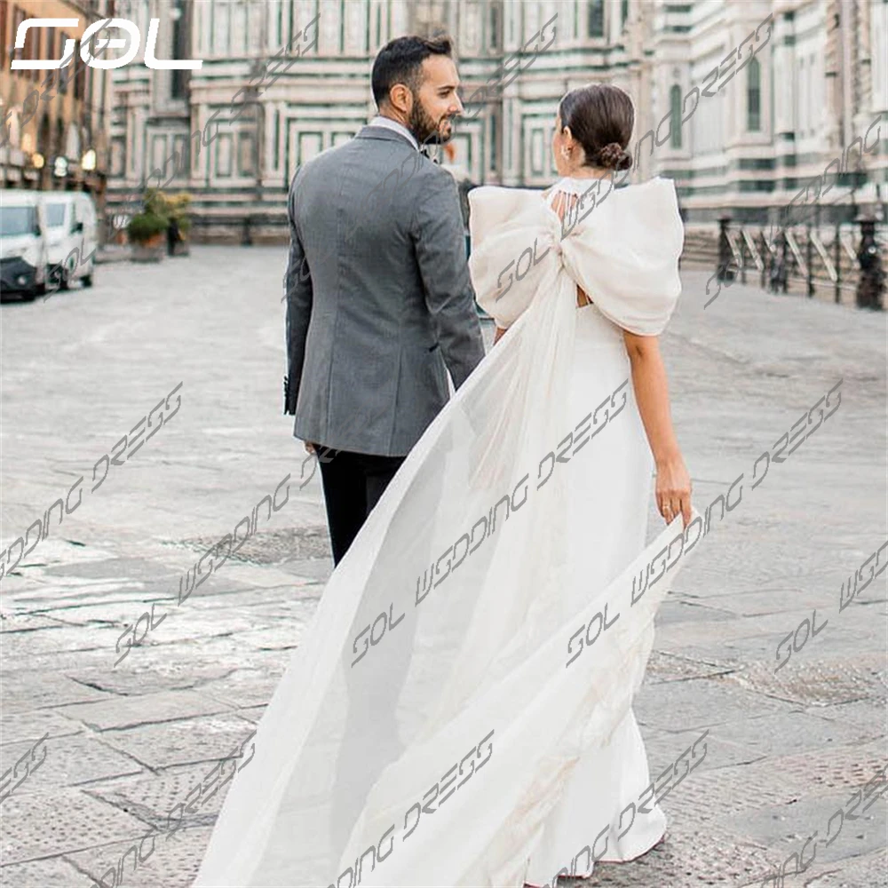 Vestido De Novia De satén con cuello redondo y mangas abullonadas, vestido De Novia De sirena con espalda descubierta