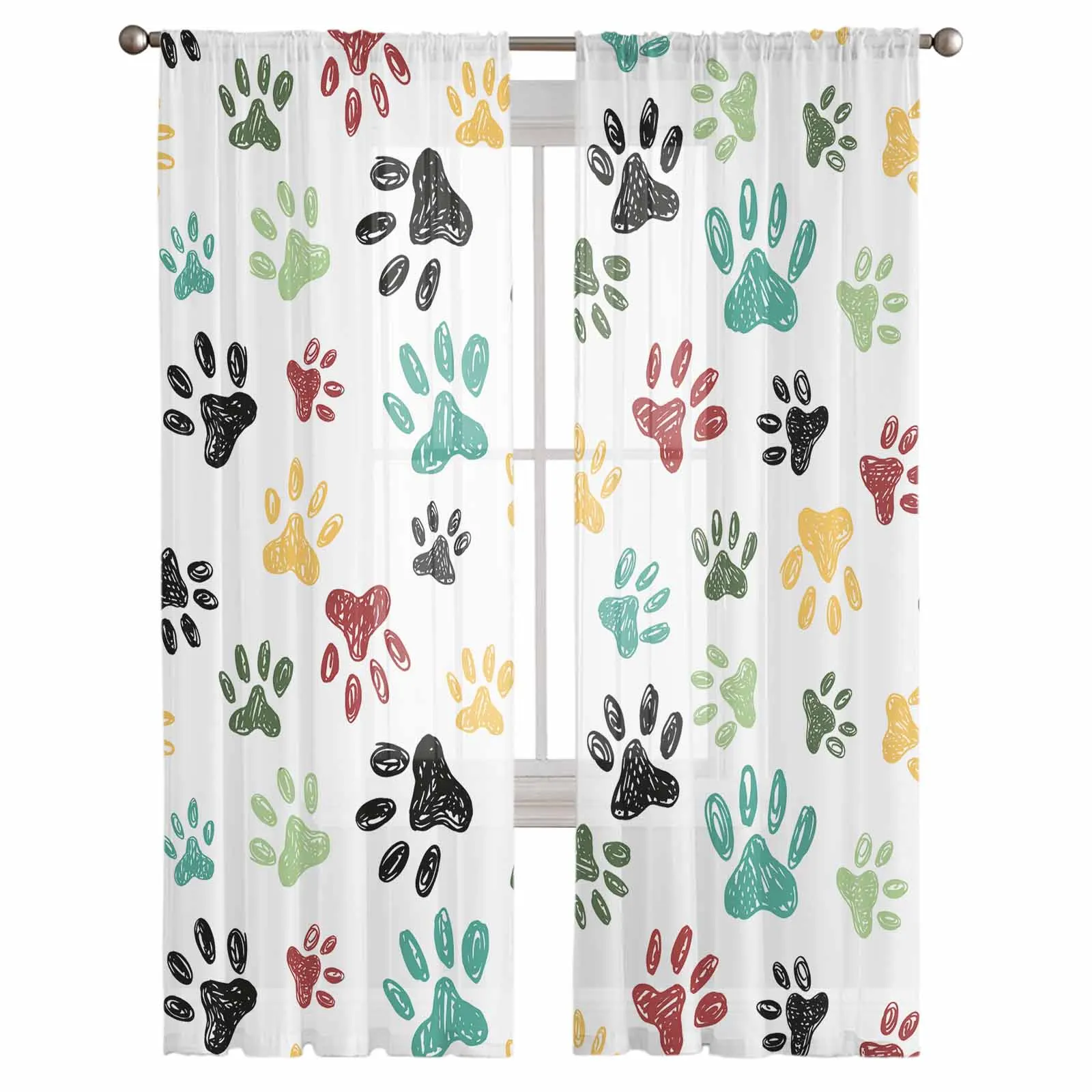 Animal Footprint Graffiti Sheer Tulle Curtains for Living Room Valance Curtains Kitchen Bedroom Window Voile Drapery