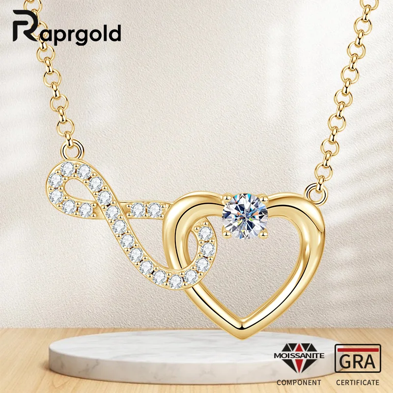 RAPRGOLD All Moissanite Infinity Heart Pendant Necklaces for Women Real S925 Sterling Silver Clavicle Chains Fine Jewelry Gifts
