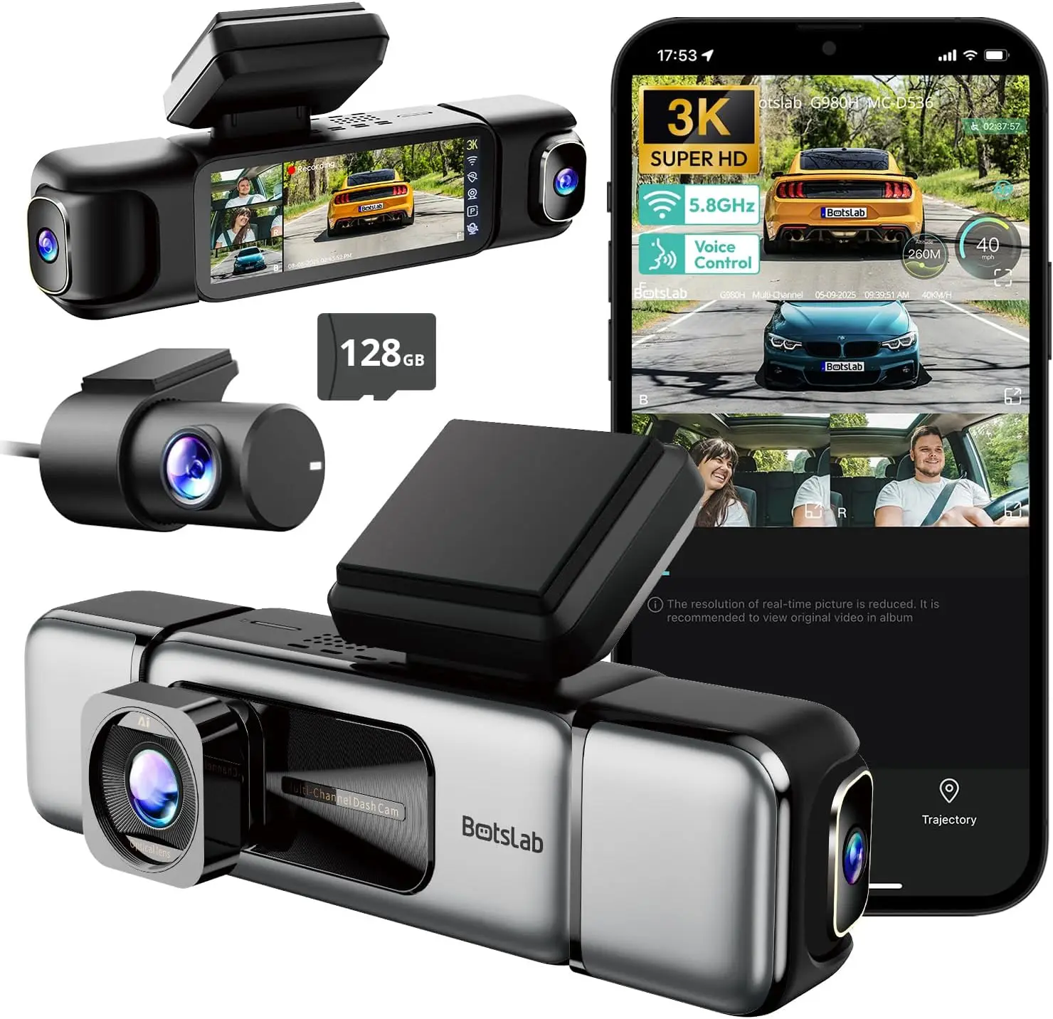 Botslab 3K 4 Channel Dash Cam 560° View Front Rear Inside Car Camera GPS WiFi Night Vision Voice Control Free 128GB Card