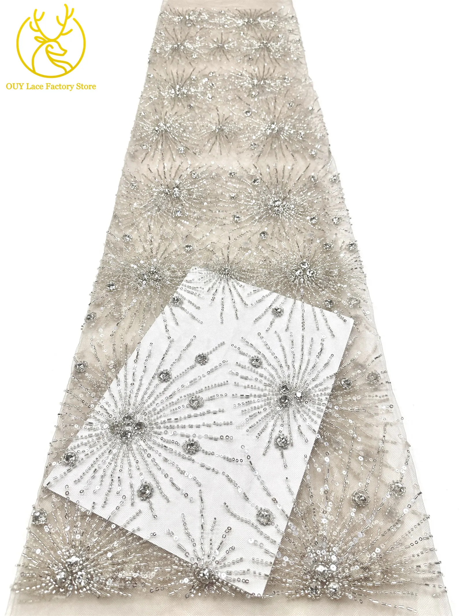 Neues Design Französische Edelstein-Spitzenstoffe 5 Meter Nigerianische Perlen-Pailletten-Spitze Afrikanischer Spitzenstoff für Hochzeitskleider – Detail 16