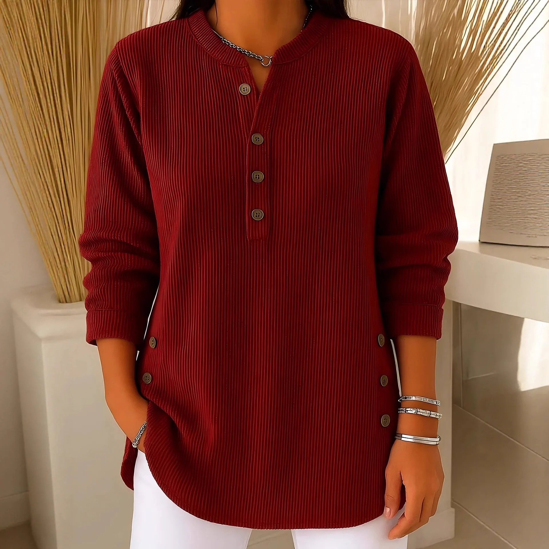 

2025 New Fashion Button Knitted Shirt Women's Autumn Casual Loose Solid Color V-neck Home Long Sleeve Top For Women