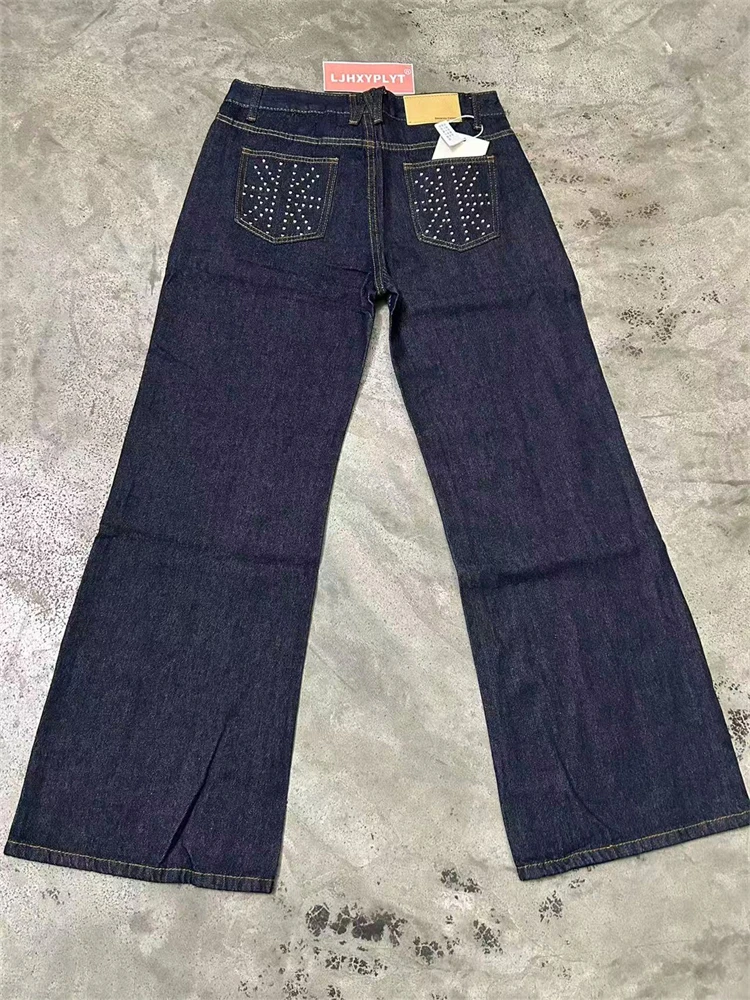 Women's Rivet Pattern Design Wide Leg Jeans Casual Street Young Girl High Waist Baggy Pants Female Straight Denim Trousers