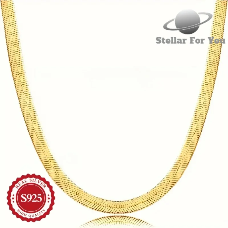 Collar de cadena de hueso de serpiente plano de plata de ley 925 chapado en oro de 24 quilates, clásico hecho a mano, adecuado para hombres y mujeres, perfecto para el día de San Valentín, el día de la madre, regalos de cumpleaños para él/ella/la novia, compre 3 y obtenga 1 gratis