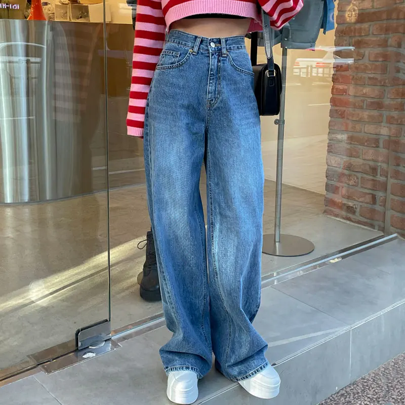 レトロハイウエストストレートワイドレッグジーンズ レディース ロングパンツ 秋冬 シック 多機能 ワンボタン ウォッシュドデニム スキニー