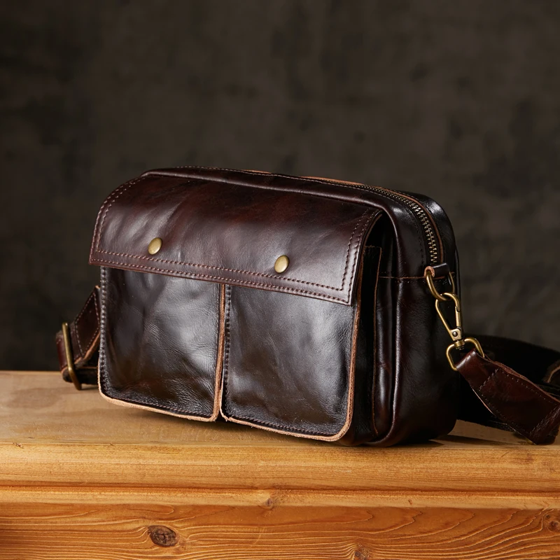 Saco de couro genuíno mensageiro para homens, bolsa de ombro casual, com corpo transversal, feito à mão, camada superior, alta qualidade