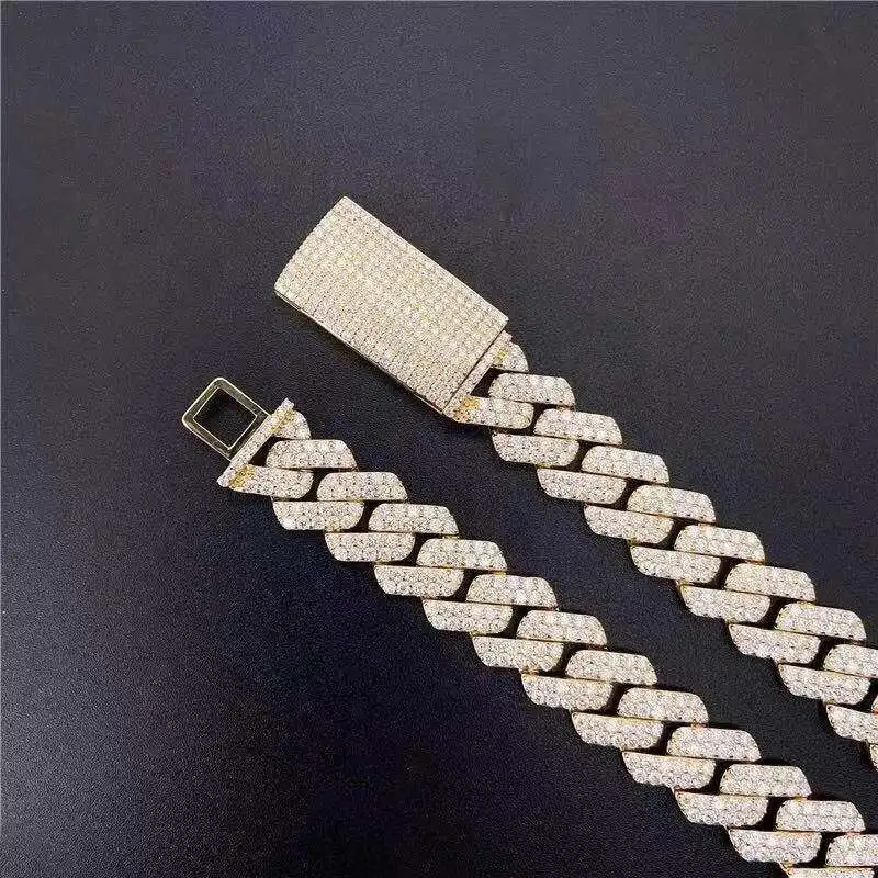 

2 ряда Vvs Lab Diamond Муассанит 15 мм из настоящего 10-каратного цельного золота Iced Out Cuban Link Chain