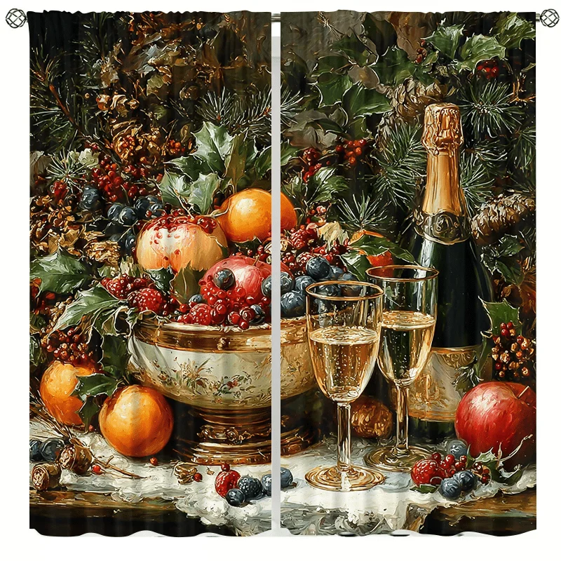 Fruit champagne still life painting curtain, pole-mounted installation. Suitable for living rooms, bedrooms, dining rooms hotels