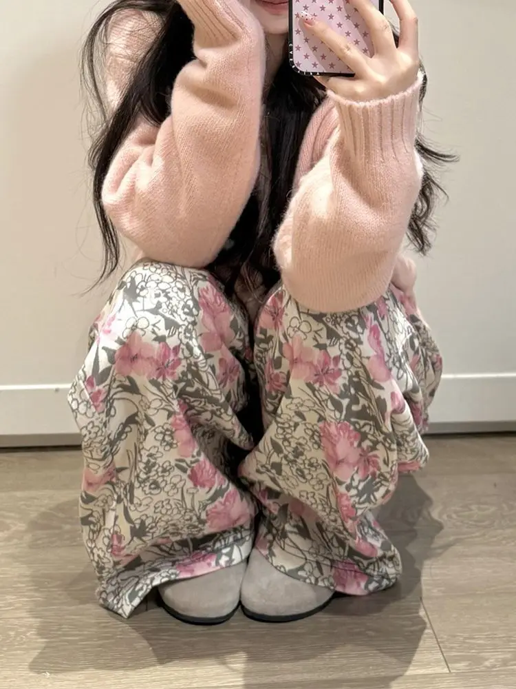 Loose Lazy Print Loose Pants Retro Fashion Versatile Casual Mopping Jeans Women