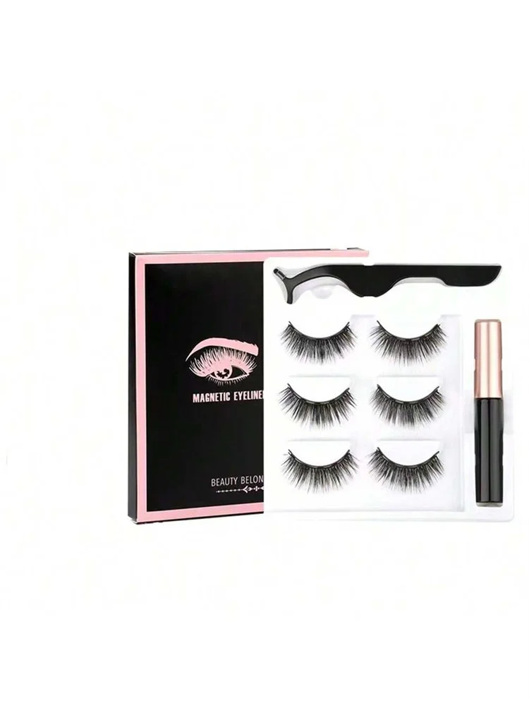3 pares de pestañas postizas magnéticas, pestañas de uso repetido, delineador de ojos líquido resistente al agua con pinza de maquillaje