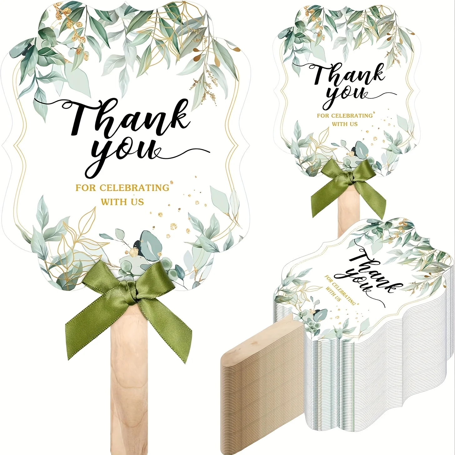 

50 Elegant Green White Floral Thank You Fans for Weddings Bridal Showers Birthday Parties "Thank You for Celebrating with Us"