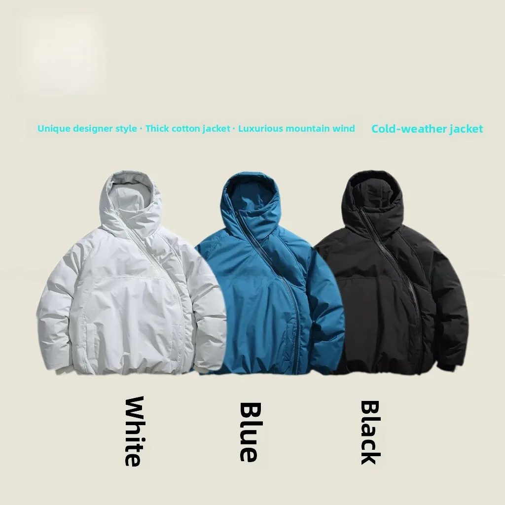 

New Sle Men's Hooded Cotton Jaet with Diagonal Zipper Design Bread ape Thiened Urban Faion Long Length Polyester Fiber