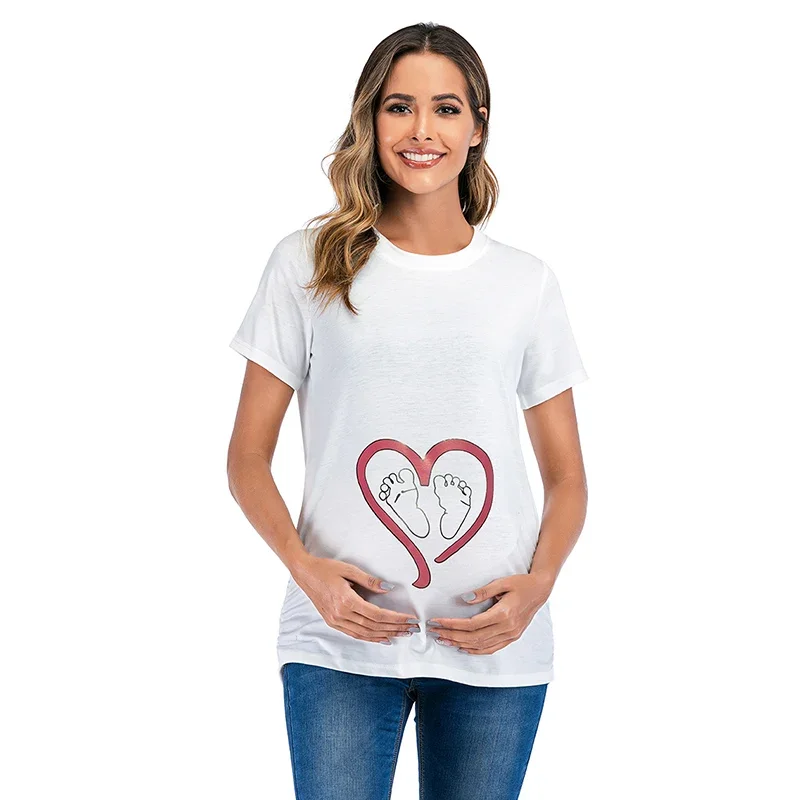 2024 New Maternity T-shirt  Clothing Breastfeeding Clothes Love Footprints Printing Pregnant Casual Tops Cotton Tees