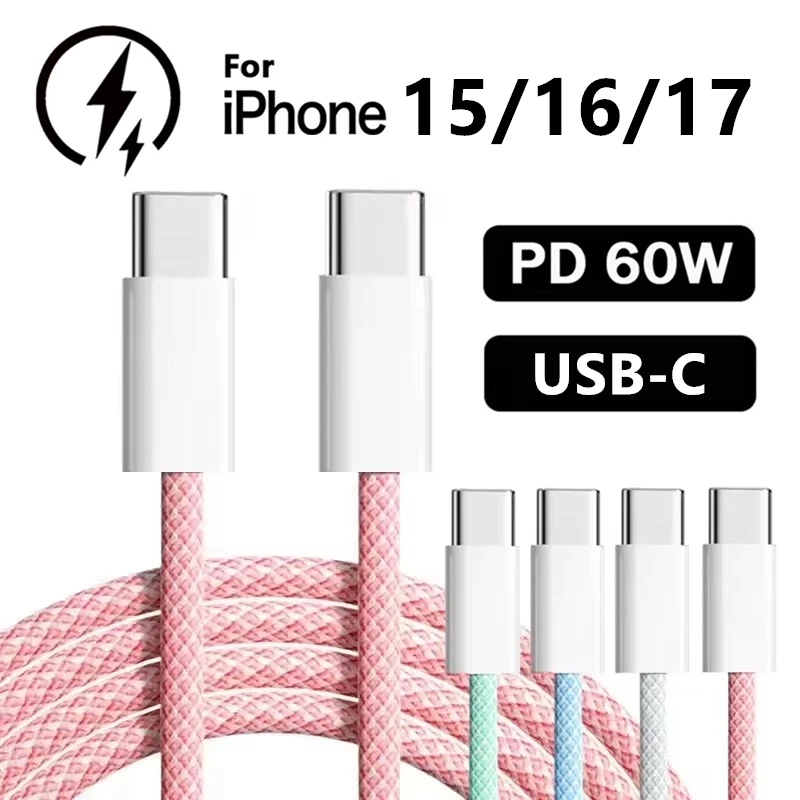 PD 60W USB-C to Type-C Fast Charging Cable For iPhone 17 16 15 Pro Max 16 15 Plus Samsung Huawei Honor Xiaomi Redmi POCO OnePlus