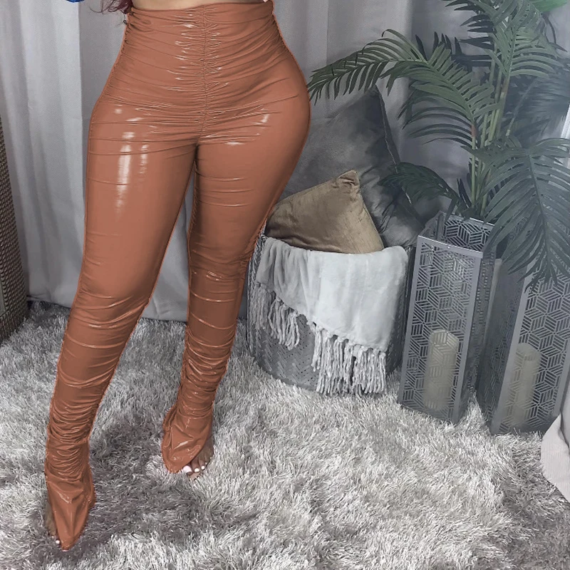 Glossy Leather Y2k Women\'s Pants Casual Pleated Split High Waist Pile Pants Fashion Female Pucker Overalls Skinny PU Trousers