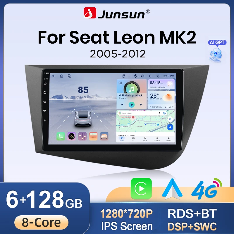 Autoradio Android Junsun pour Seat Leon 2 MK2 2005-2012, Apple CarPlay sans fil, Android Auto, navigation GPS, WiFi 4G, Bluetooth, DSP, RDS, écran tactile IPS, lecteur multimédia stéréo, Plug and