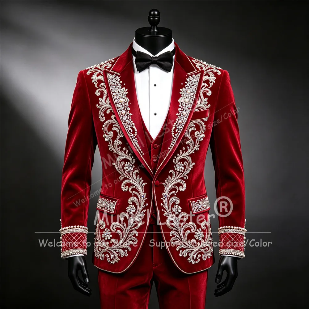 Exclusive 3 Piece Suit Men For Wedding Single Breasted Blazer Vest Trousers Customized Sparkly Crystals Beading Sequined Tuxedo