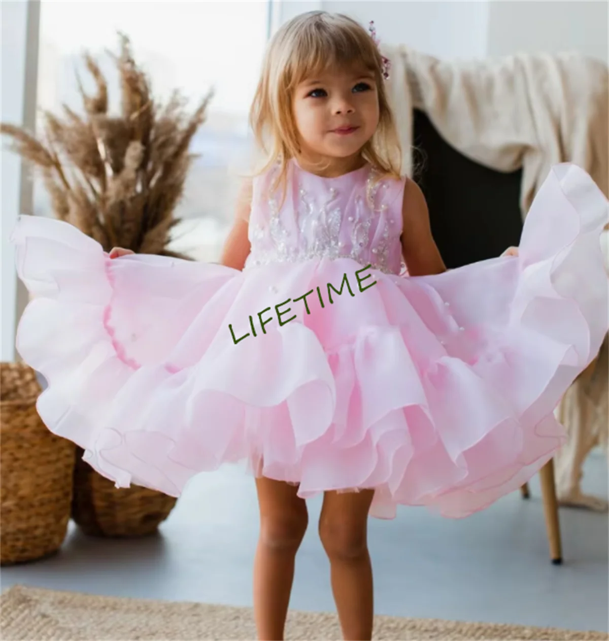 CustomizedBeaded Sequin Pink Baby Girl Party Dress Photo Shoot Toddler First Birthday Gown Girls Baptism Gifts Baby Gift Big Bow