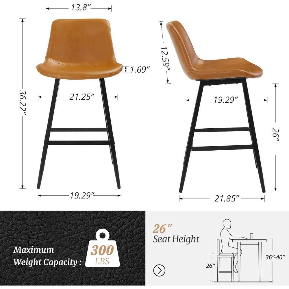 Bar Stools, 26", Upholstered Bar Stool with Back Set of 4, Faux Leather Performance Material in Whiskey Brown, Barstools