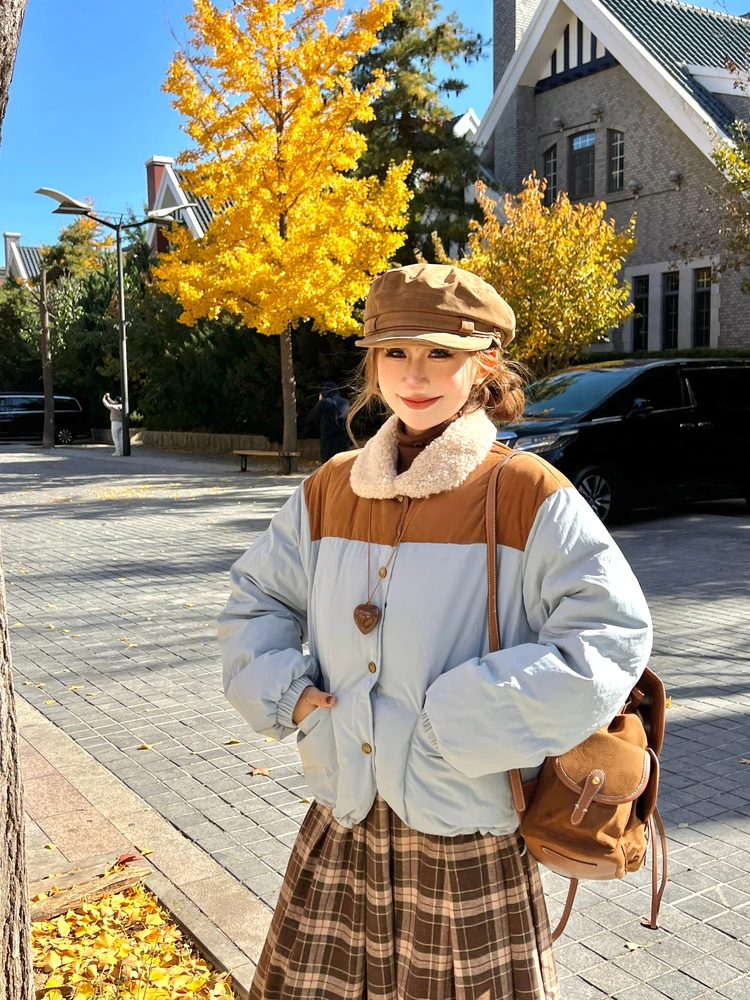 

Женское пальто NiiDaily в стиле ретро с пэчворк-дизайном, с воротником из овечьей шерсти, цветное, нейлоновое, с длинными рукавами, с завышенной талией, стандартный крой