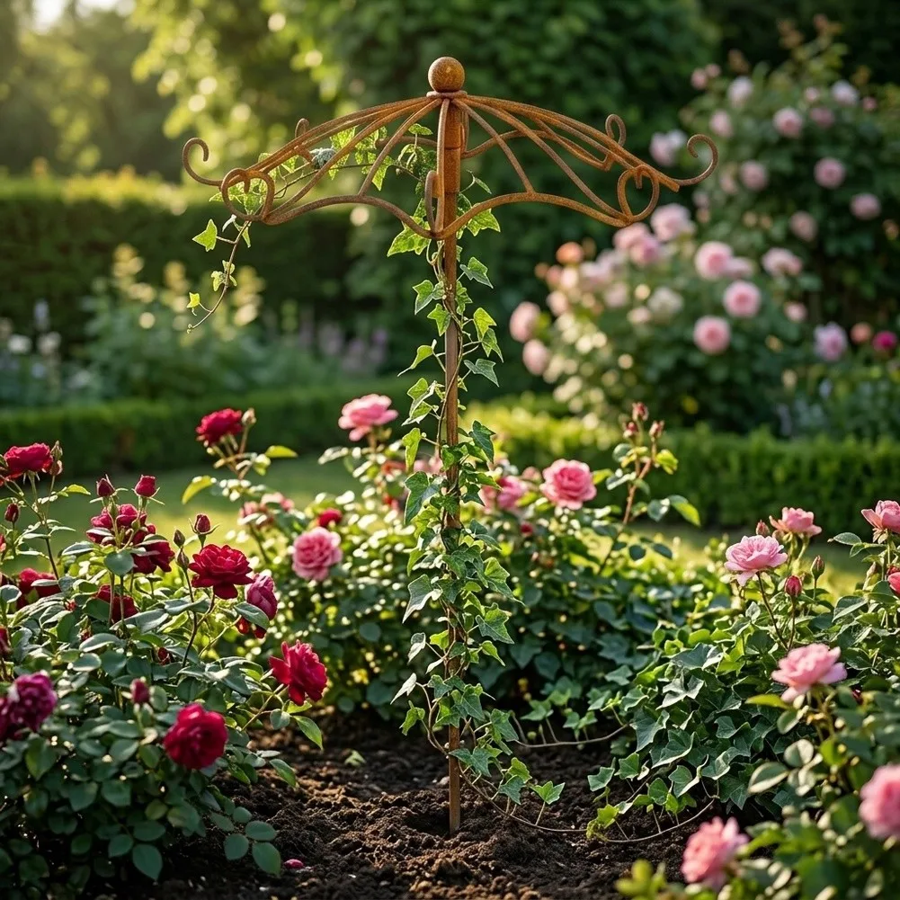 Metal Umbrella Shaped Garden Trellis 65x25cm Earthy Color Plant Stand For Climbing Clematis Vertical Growth Support Decor