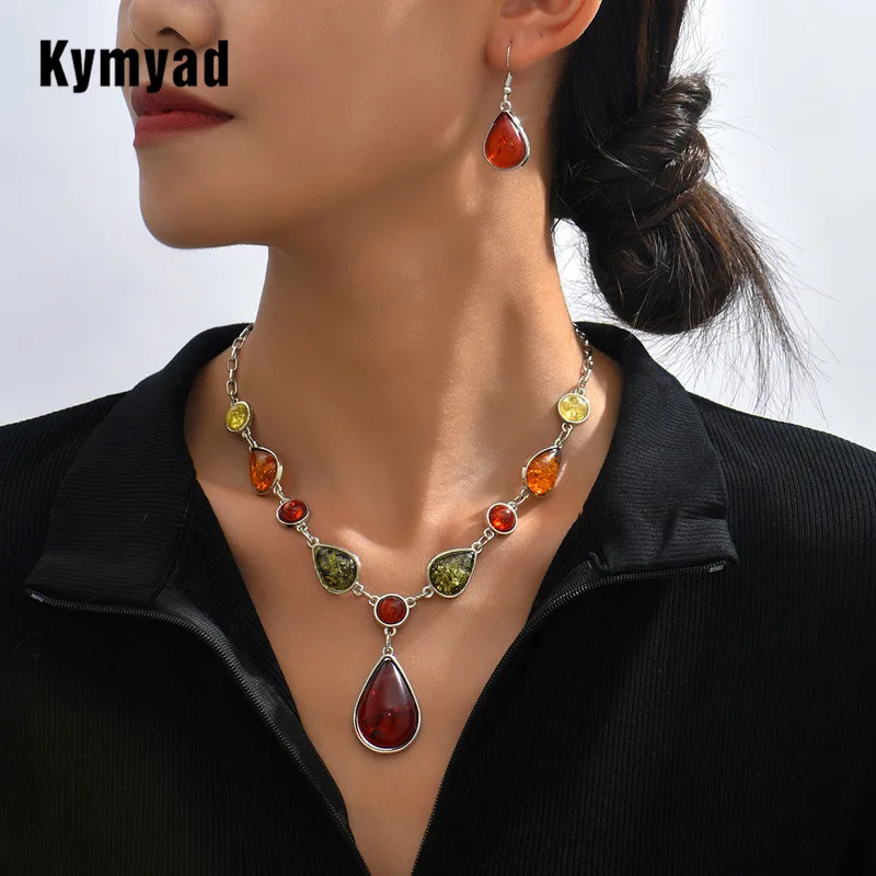 Kymyad Elegant Women Jewelry Colorful Resin Stone Jewelry Sets Vintage Geometric Square Water Drop Pendant Necklace Earring Sets