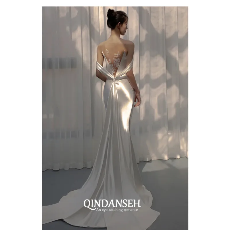 

Современные танцевальные костюмы: Свадебное платье из французского атласа, легкое, в стиле русалки, нишевый дизайн, нежный лесной стиль, белое свадебное платье