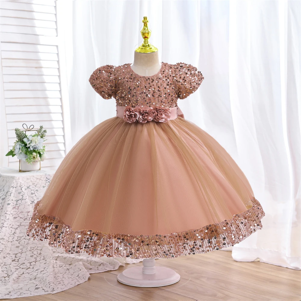 3-10Yrs Christmas Party Sequins Girls Dress Green Flower Birthday Wedding Princess Kids Dresses for Girl Bridemaids Evening Gown