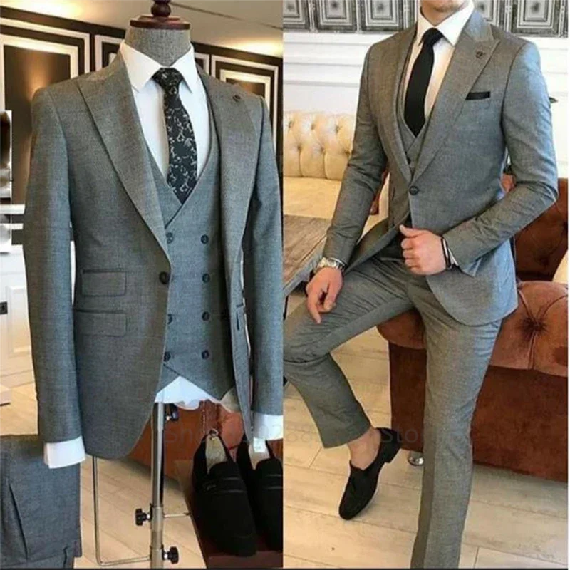 3 Pieces Groom Wear Green Men Suits Slim Fit Peak Lapel One Button Wedding Tuxedo Terno Masculino (Jacket+Pants+Vest+Tie）