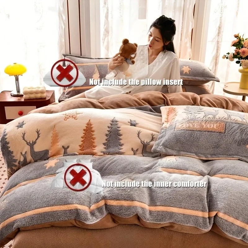 3/4pcs Thickened Printed Duvet Cover Set Winter Snowflake Velvet Warm Queen King Size Quilt Cover for Home Hotel Bedroom Bedding