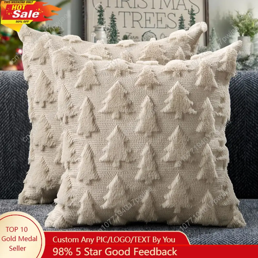 

DFXSZ Christmas Tree Pillow Covers 18x18 inch Set of 2 Christmas Decoration Beige Soft Plush Faux Fur Jacquard Throw Pillows for