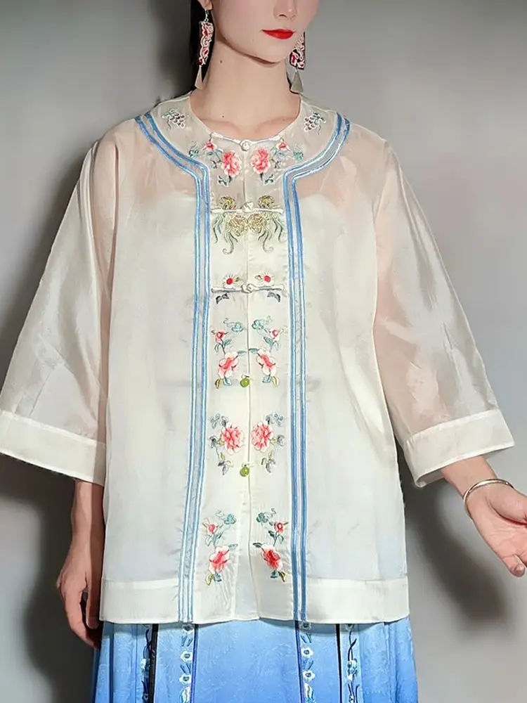 

New Chinese Sle National Trend Silk aving Embroidery Sun Protection Clothes Outerwear Folk Embroidered Cover up Hanfu Top