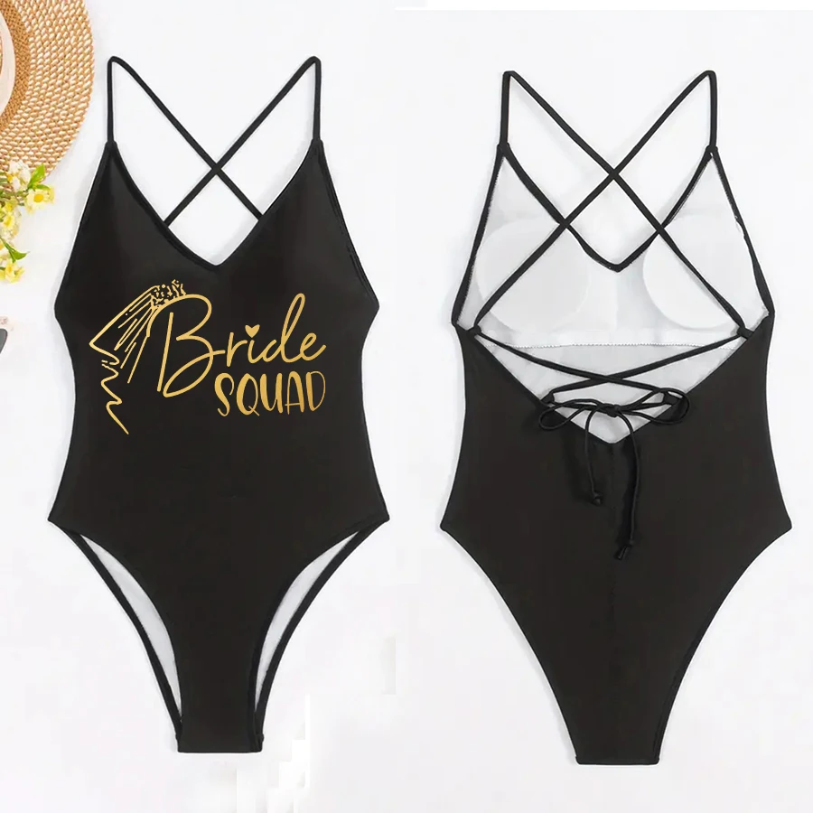 Veil Padded One Piece Swimsuit BRIDE SQUAD Letter Print Swimwear Women Bikini Bathing Suit Summer Bodysuit Backless monokini