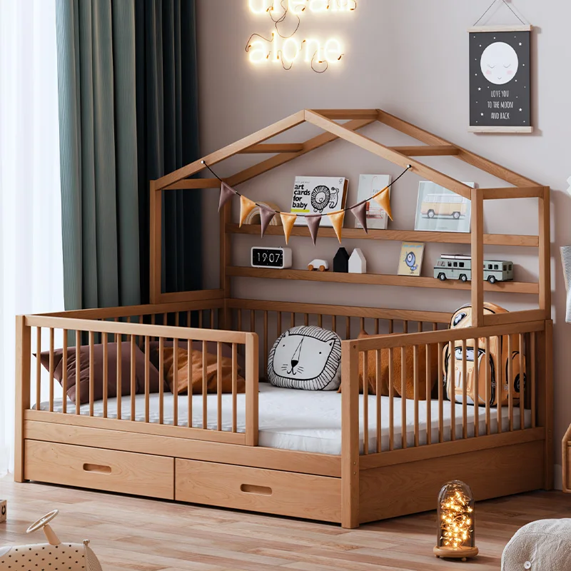 Children's bed Solid wood raised children's room Boys Girls beds Single bed with guardrail