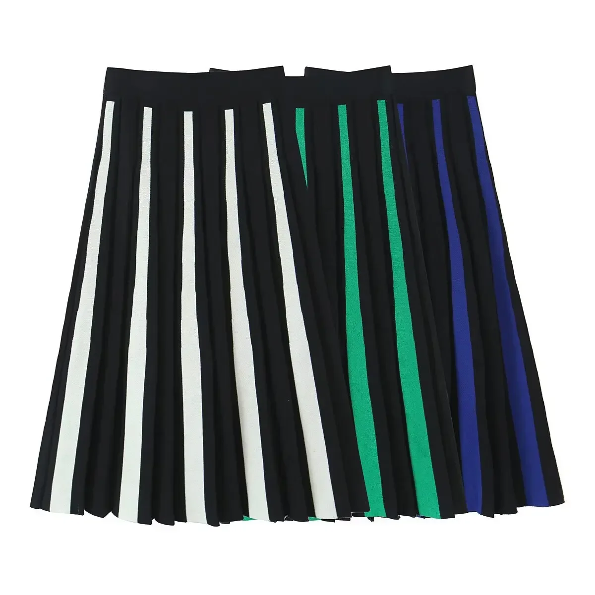 2026 New French Vintage High Waist Knitted Midi A- Line Skirt Women's Half-length Asymmetrical Color Block Commute Style
