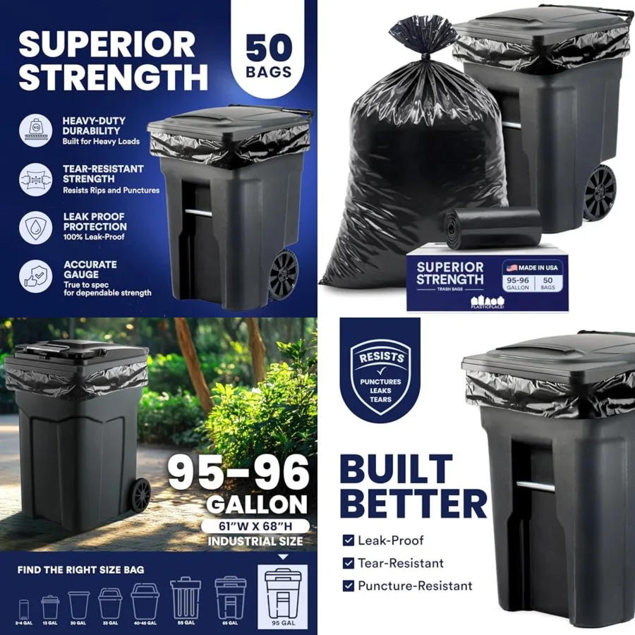 

95-96 Gallon Heavy Duty Trash Bags, Garbage Bags, Puncture-Resistant, Fits Rollaway Cans Drums, Durable Large Plastic Bags 50 C
