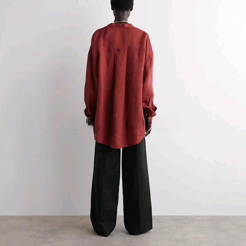 

Loose Fit Linen Blend irt Summer Women's Lazy Sle V Ne Retro Wealthy Vibe Long Sve Commute Friendly Classic Length