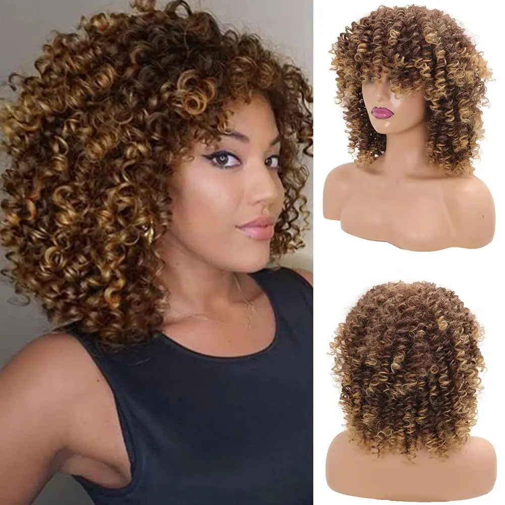 Belle Show Synthetic Kinky Curly Wig Short Glueless Dark Brown Cosplay Party Afto Fluffy Women Wig With Bangs