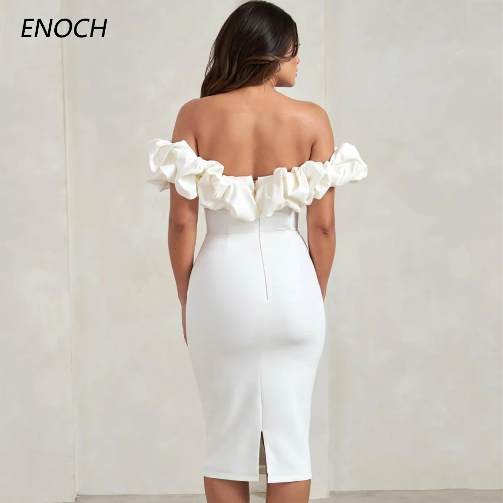 ENOCH Boat Neck Off Shoulder Wedding Dress Simple Sleeveless Zipper Back Sheath Bridal Gowns Tea Length Robe De Mariée Women New