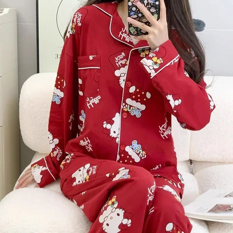 

Женские красные пижамные комплекты Hello Kitty, кавайные осенние брюки с длинными рукавами и брюками, праздничная домашняя одежда, новый стиль