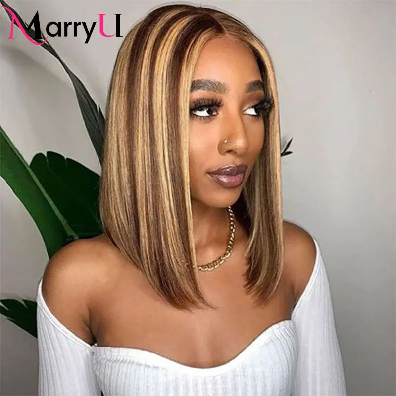 

Marryu Hair Wear Go Glueless Wig Honey Blonde Highlights Lace Front Wigs Human Hair #4/27 Brown Straight Bob Closure Wigs