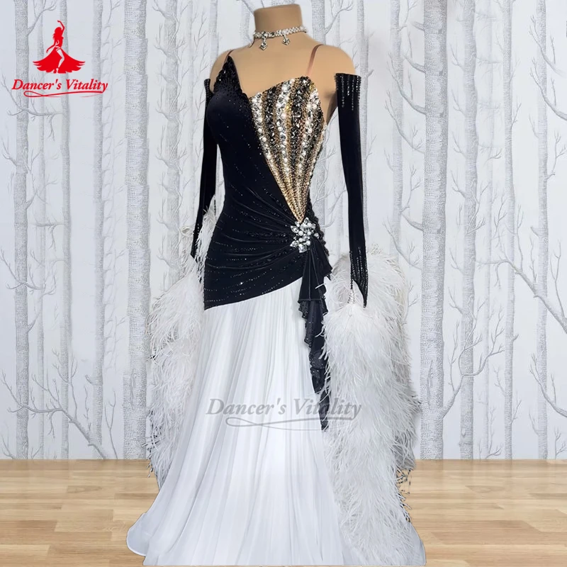 Adult Waltz 2-color Collocation Clothe Women Social Dance AB Stones Pleated Lower Hem Dresses Luxury Customize Dancer's Vitality