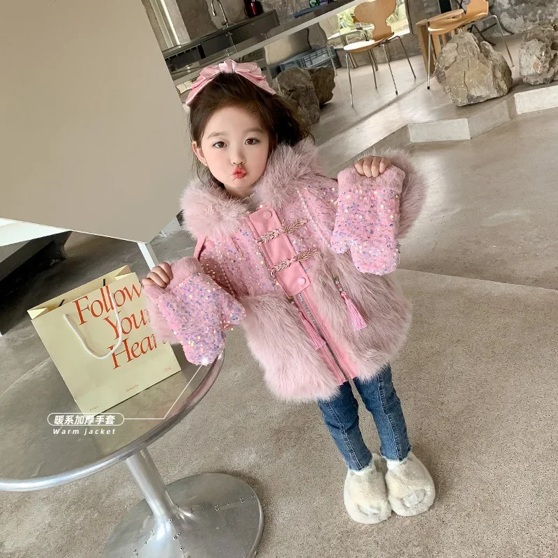 New Plush Jacket for Girls Winter Fashion Pink Shiny Kids Fur Coat Hooded Outerwear Warm Glove Children’s Snowsuit CH198