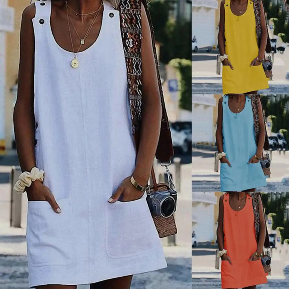 Women Dress Summer Dress Summer Mini Dress Sleeveless Casual Dresses Beach Pocket Button Sundress women vestido de m