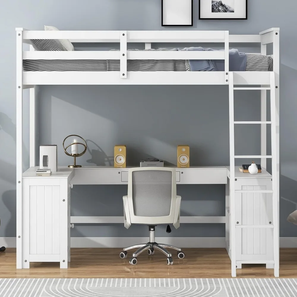 Lit mezzanine double Merax, cadre de lit double en bois avec bureau en forme de U, armoire, tiroirs et étagères de rangement, blanc
