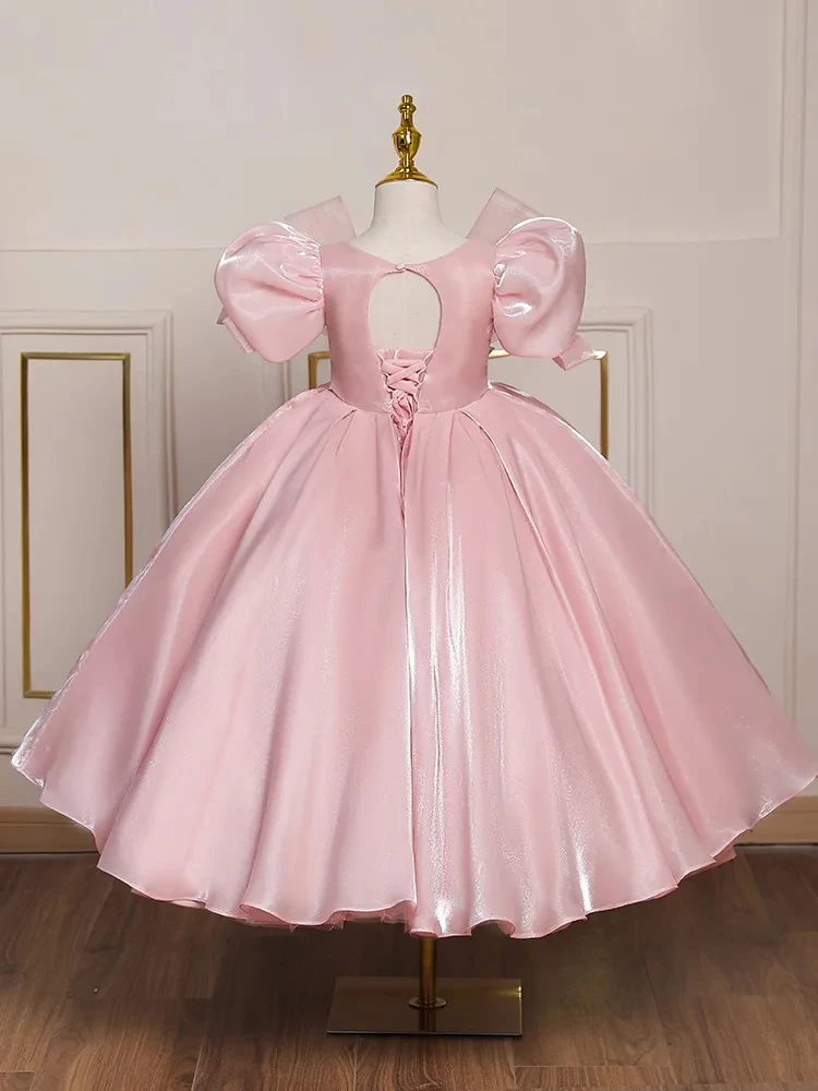 Customized Pink Flower Girl Dress For Wedding Appliques Short Sleeve High Waist Floor Length Kids Birthday First Communion Gown