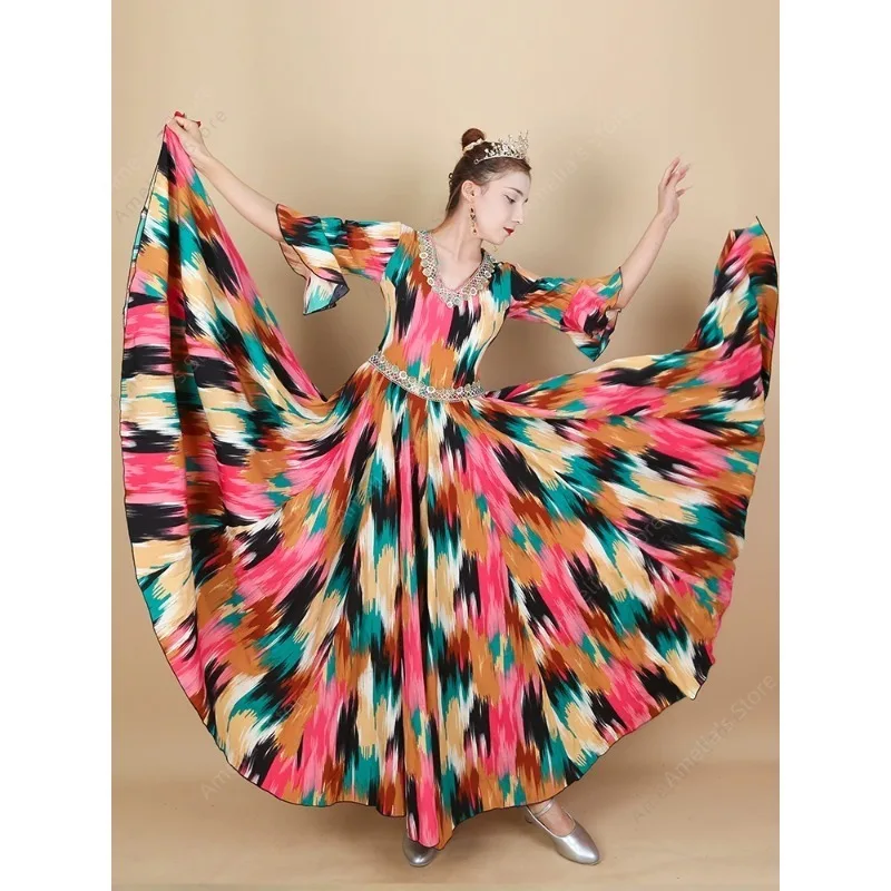 Nuevo vestido de baile chino de Xinjiang para mujer, traje de actuación uigur de manga corta de verano
