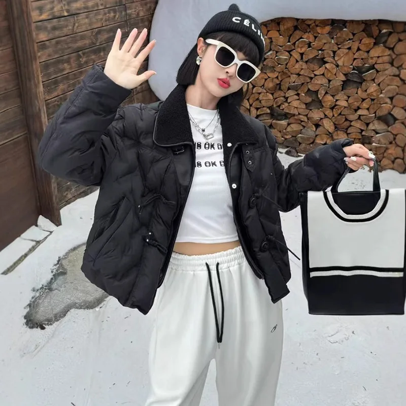 Winter Lamb Wool Lapel Short Down Jacket Female Thicken Warm Loose Jackets Women White Duck Down Single Breasted Parker Outwears