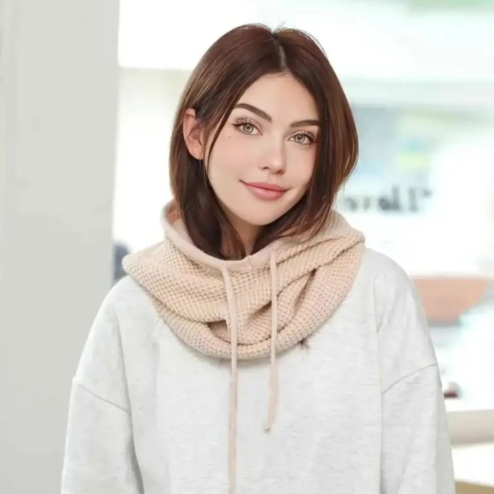 Simple Solid Color Drawstring Balaclavas Hat Warm Soft Drawstring Knitted Hat Thickened Earmuff Winter Neckerchief Women