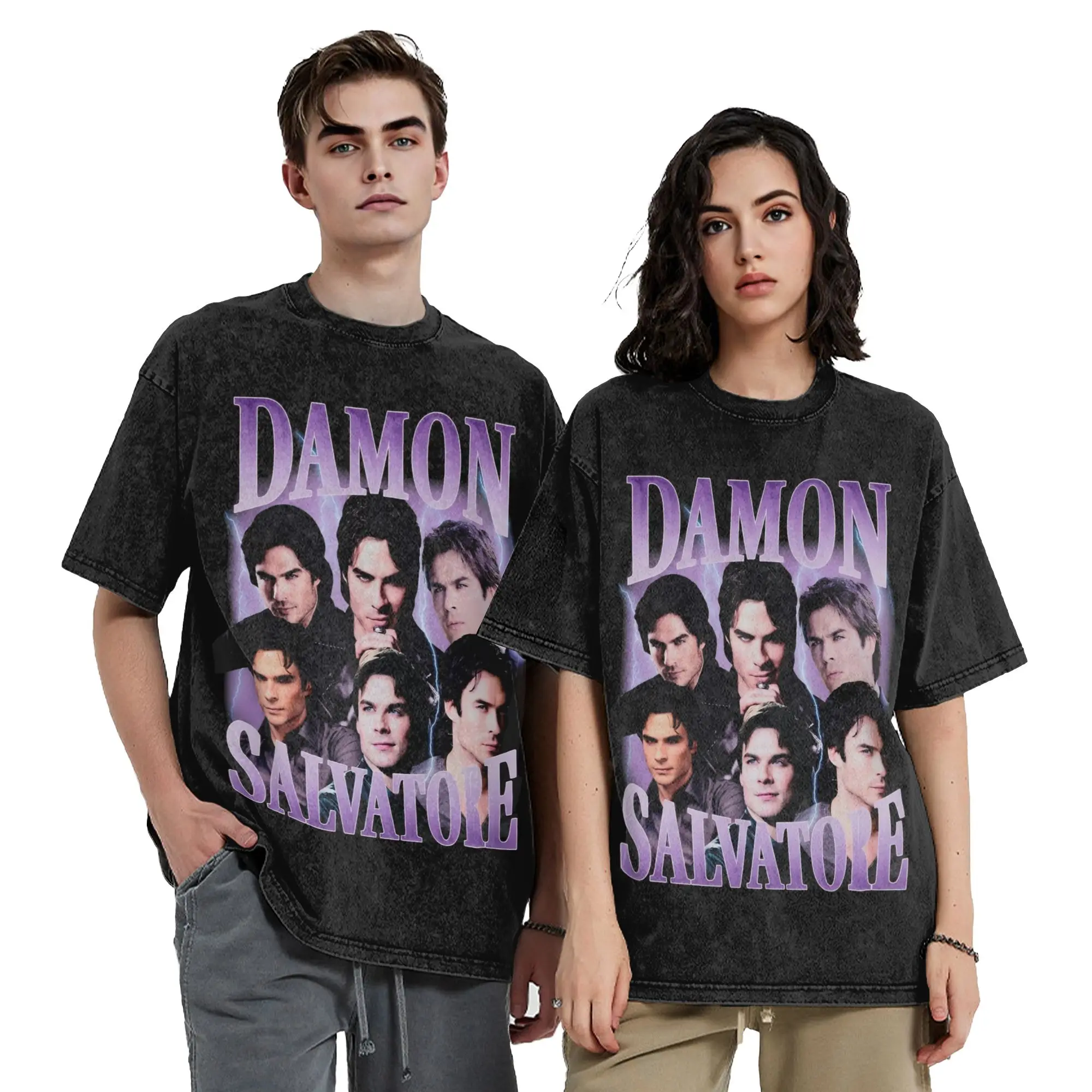Damon Salvatore 90s Vampire Diaries Washed T Shirt Streetwear Hip Hop T-Shirt  Tees for Men Women Short Sleeve Harajuku Printed